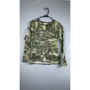 SHE Safari Shirt Womens Large Green Camo Long Sleeve‎ V Neck Hunting Top Outdoor